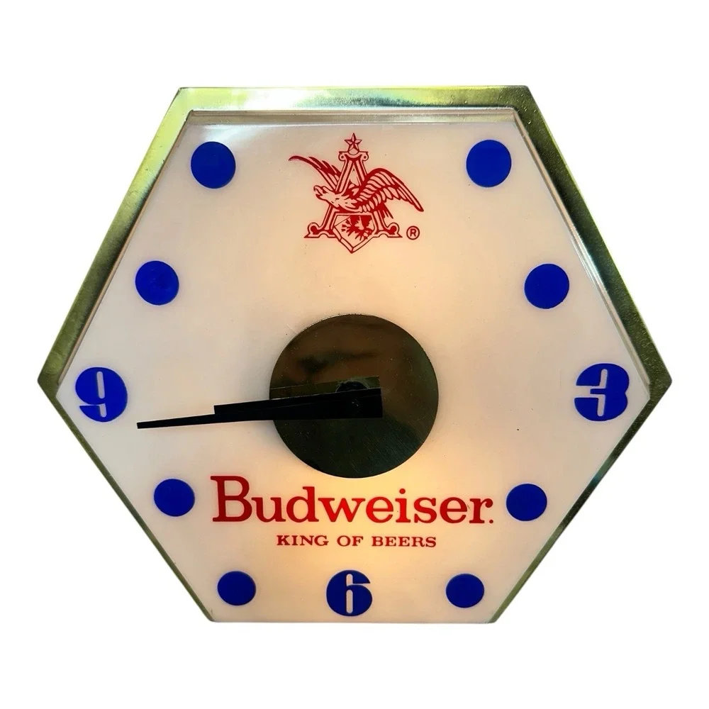 Vintage 1960s Budweiser Lighted Wall Clock Emerson Imperial Beer Bar Sign Works